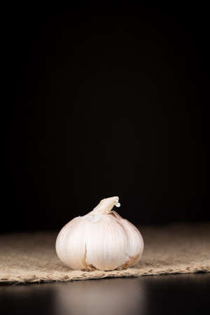 White garlic bulb on the dark background. Rustic surface. One bulb. Verticalの写真素材