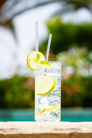 Water with ice at the edge of a resort pool. Concept of luxury vacation. Outdoor pool background. Verticalの写真素材