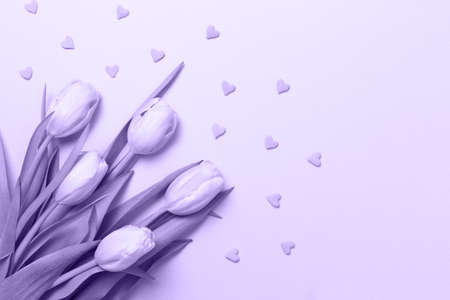 Pink tulips with pink heart sprinkles on the pink background. Flat lay, top view. Valentines...