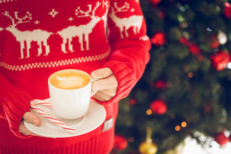 Girl holding a cappuccino cup with candy cane. Concept of Christmas holiday. Holiday background. Warm tone. Horizontalの写真素材