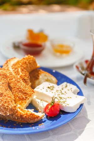 Turkish tea, Cheese, Honey, Jam,  Simit. Authentic turkish breakfast. Local cuisine concept. Soft...