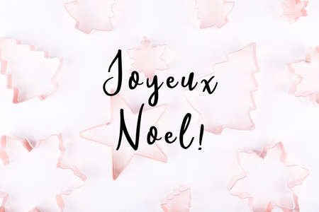 Flatlay with selection of holiday copper cookie cutters on white sparkling background. Holiday, Christmas card concept. Cozy homey details. Flat lay, top view background. Horizontal. Holiday wording in Frenchの写真素材