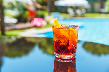 Negroni cocktail at the resort bar or suite patio. Luxury resort, vacation, room service concept....