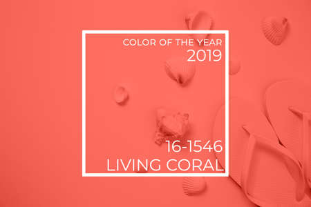 White flip flops and sea shells on the white background. Horizontal. Living coral theme - color of the year 2019の写真素材