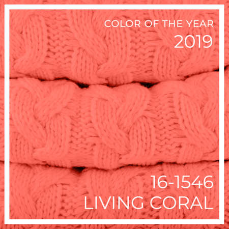 2019 color of the year Living coral knits pile. Warm cozy home and fashion colors concept. Square
