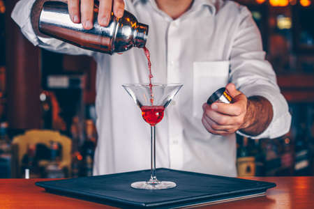 Barman pouring  cocktail at a nightclub. Nightlife and entertainment concept. Horizontal