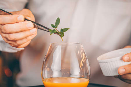 Barman decorating  cocktail at a nightclub. Nightlife and entertainment concept. Horizontalの写真素材