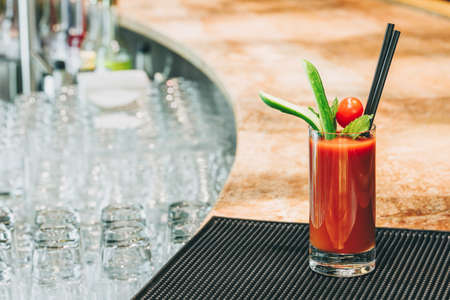 Bloody Mary cocktail at the bar stand. Luxury vacation concept. Horizontalの写真素材