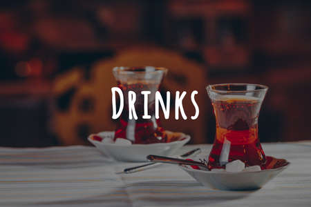 Turkish tea in the restaurant. Turkish cuisine and travel concept. Horizontal. Drinks wordingの写真素材