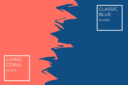 Double color blue and coral modern flat lay backgound with color tags. Horizontalの写真素材