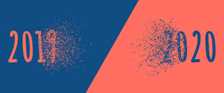 Coral 2019 breaking into pieces to form classic blue 2020. Change of the color of the year concept for the coming year. Horizontal, wide screen banner formatの写真素材