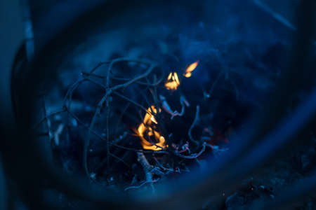 Orange flames on wood in the fireplace toned in classic blueの写真素材