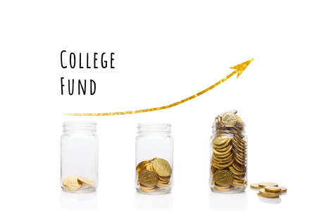 Part of Financial series images. Collage with glass jars with gold coins. Savings, retirement and wealth management concept.の写真素材