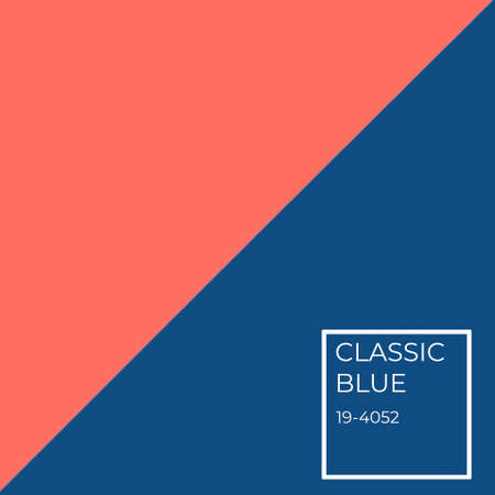 Double color blue and coral modern flat lay backgound. Square with color name tagの写真素材