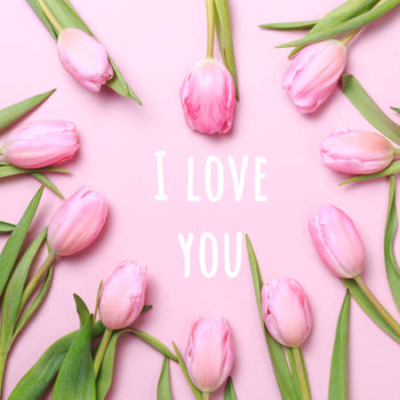 I love you wording with pink tulips on the pink background. Flat lay, top view. Valentines background. Squareの写真素材