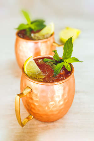 Two slylish Moscow mule cocktails in metallic cups with lemon and mint on bar stand. Close up.の写真素材