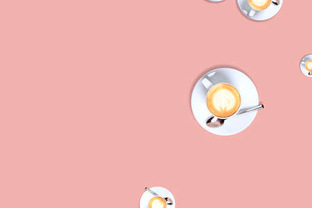Coffee cup random pattern on solid blossom pink rose background. Modern futuristic design in horizontal formatの写真素材
