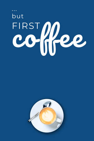 Coffee cup on solid classic blue background. Minimalistic concept. Modern futuristic design in...