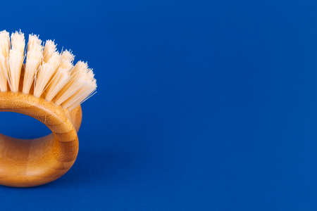 Modern futuristic round bamboo brush for fruits and vegetables on classic blue. Safe cleaning and organic produce concept. Copyspaceの写真素材