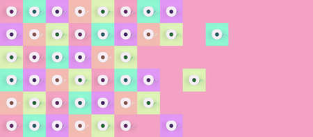 Pattern of toilet paper rolls on pastel multicolor tiles. Social distancing, shopping, options concept, bright colors, optimistic multipurpose drop. Banner format background with place for textの写真素材