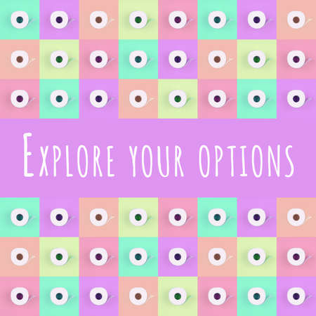 Pattern of toilet paper rolls on pastel multicolor tiles with Explore your options wording. Social distancing, shopping, options concept, bright colors, optimistic multipurpose drop. Squareの写真素材