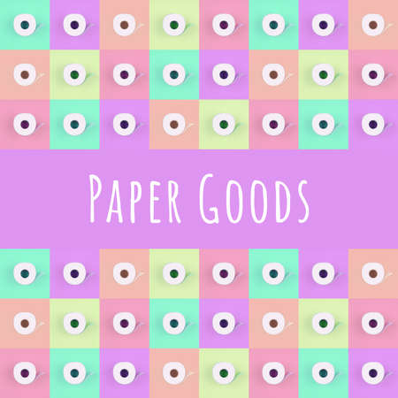 Pattern of toilet paper rolls on pastel multicolor tiles with Paper goods wording. Social distancing, shopping, options concept, bright colors, optimistic multipurpose drop. Square format with textの写真素材