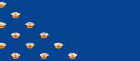 Pattern with modern futuristic round bamboo brush for fruits and vegetables on classic blue. Safe cleaning and organic produce concept. Wide screen banner format with copyspaceの写真素材