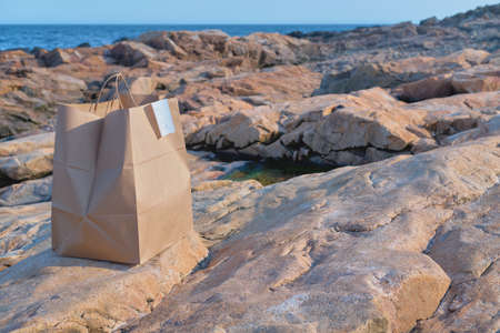Takeaway food craft bag at the isolated rocky ocean beach. Food delivery and takeaway, recyclable container, lonely lunch conceptの写真素材