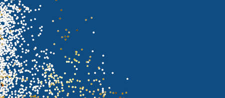 Festive small golden confetti on classic blue. Perfect background for any holiday project, place for text. Horizontal wide screen banner formatの写真素材