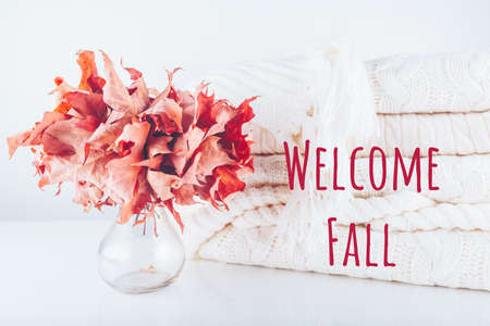 Fallen leaves in a vase with pile of white knitted woolen clothes with Welcome Fall wording. Autumn,...