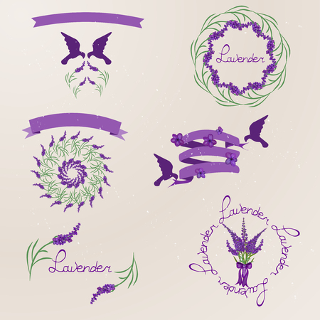 Set of icons, lavender wreaths, ribbons and birds in vintage style.のイラスト素材