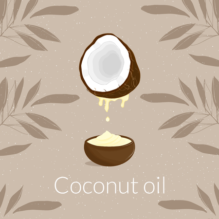 Illustration with coconut and coconut oil and oil with cream and cream on a brown backgroundのイラスト素材