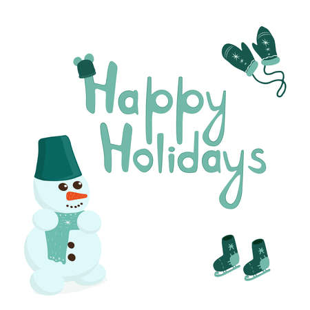 Merry christmas and happy new year poster with snowman and gloves, holiday lettering. Vector illustrationのイラスト素材