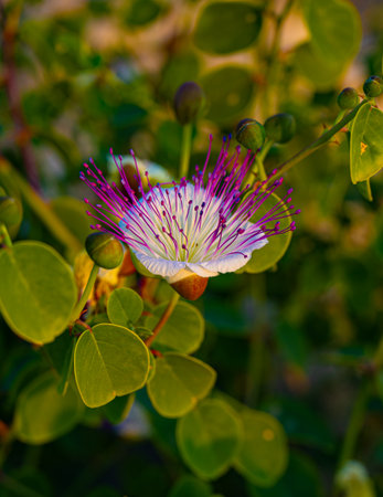 Close-up view on flower over sunset lightの写真素材