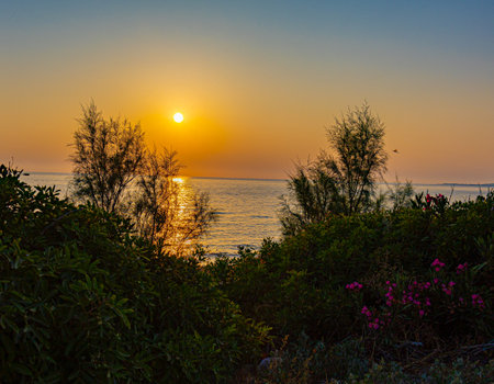 Dramatic summer sunset over Mediterranean sea in Cyprusの写真素材