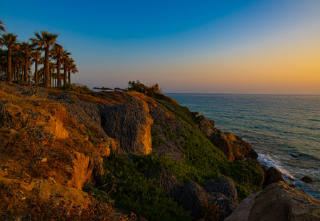Sunset over Mediterranean sea near village Chlorakas in Cyprusの写真素材