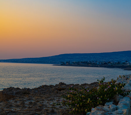 Dramatic sunset over Mediterranean sea in village Chlorakas in Cyprusの写真素材
