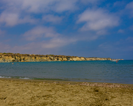 Sand beach in Secret Paradise Bay near Alaminos harbor in Cyprusの写真素材