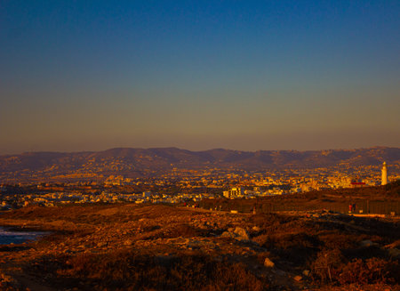 Aerial view on city Paphos under sunset, Cyprusの写真素材