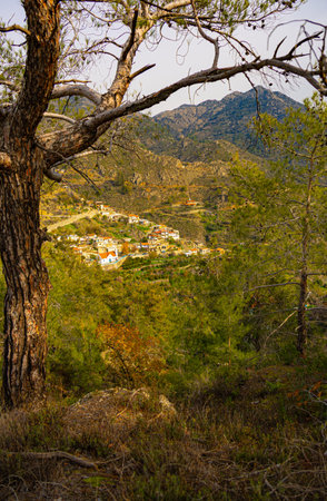 Aerial view on the village among mountains in Cyprusの写真素材