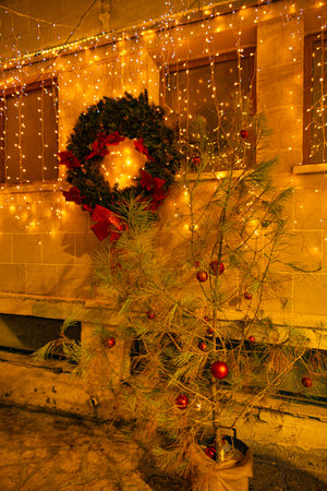 Narrow street in Laiki Gitonia district with Christmas decoration in city Nicosia, Cyprusの写真素材