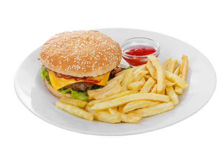 Burger with French fries and ketchup, barbecue sauce. Side view. Serving, serving for a cafe, a restaurant in the menu. Isolated, white background on plateの写真素材