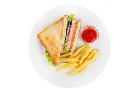 Sandwich with French fries and ketchup, barbecue sauce. View from above. Serving, serving for a cafe, a restaurant in the menu. Isolated, white backgroundの写真素材