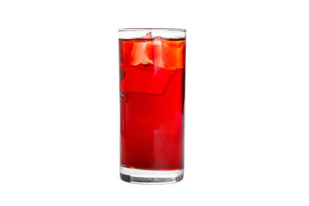 Single-colored transparent cocktail, refreshing in a high glass with ice cubes with taste of berries, cherries, strawberries, grapefruit. Side view Isolated white background. Drink for the menuの写真素材
