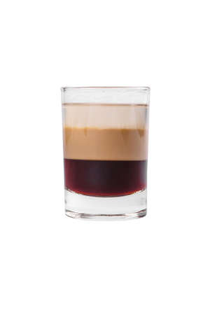 Multicolored layered cocktail, glass with transparent and colored drink with the taste of coffee,...