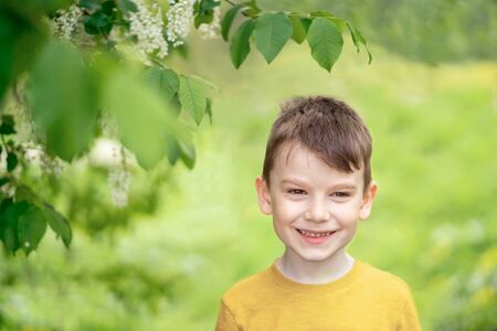 Happy child boy in yellow clothing in summer or spring park. With copy space. Front viewの写真素材