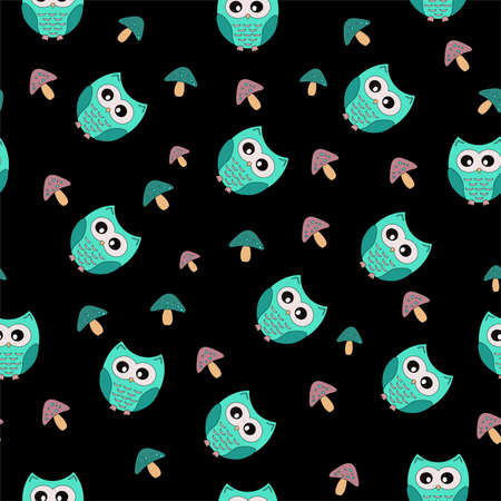 Beautiful children's pattern with an owl and mushroomsのイラスト素材
