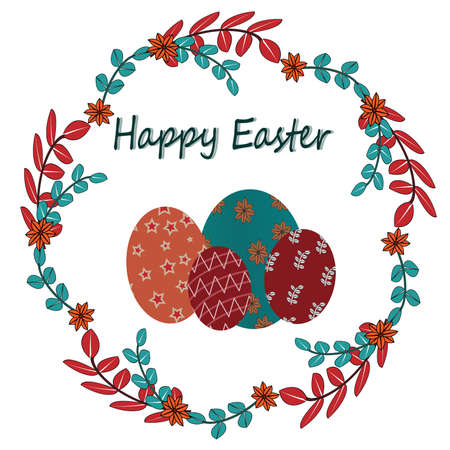 
frame from a wreath and leaf with flowers with text, a holiday of the spring easter on a white backgroundのイラスト素材