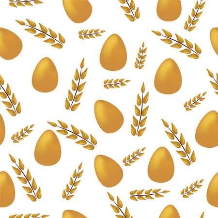 seamless Easter holiday pattern, eggs with plants golden spike on white backgroundのイラスト素材