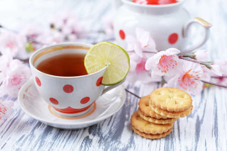 morning breakfast of tea in a cup of colorful peas with cookies baking and flowers pink and with a slice of lime on a spring sunny dayの写真素材